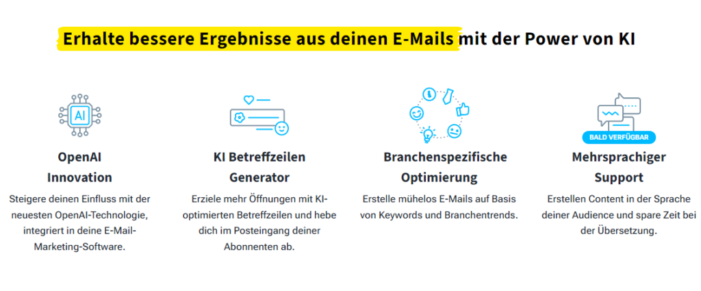 Der KI E-Mail Generator sorgt für bessere E-Mail-Ergebnisse, © GetResponse, Icons und Textelemente, blaut, schwarz und gelb, vor hellem Hintergrund