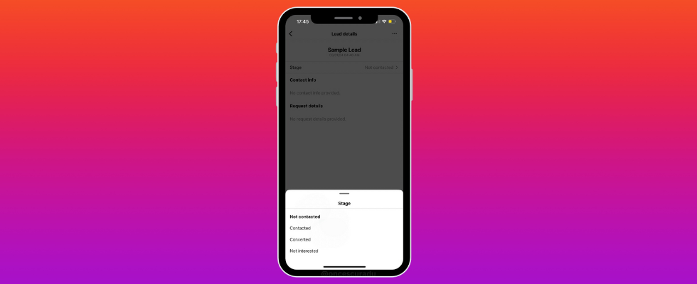 © Radu Oncescu, Anna Bliokh via Canva, Smartphone Mockup mit Lead-Ansicht auf Instagram, Farbverlauf im Hintergrund, violett zu orange