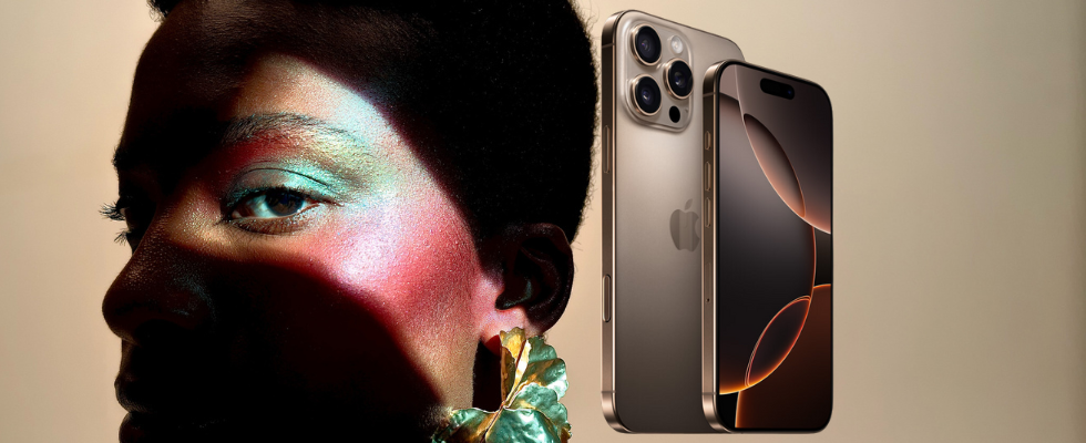 Fusion Shot mit Apple-Kamera, Person mit Schminke und Schmuck, Apples neues iPhone von vorn und hinten