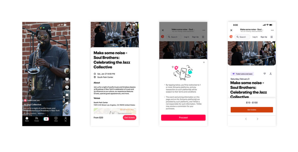 Die Eventbrite-Integration auf TikTok (mit einem Klick aufs Bild gelangst du zur größeren Ansicht), Quelle: TikTok/Screenshots