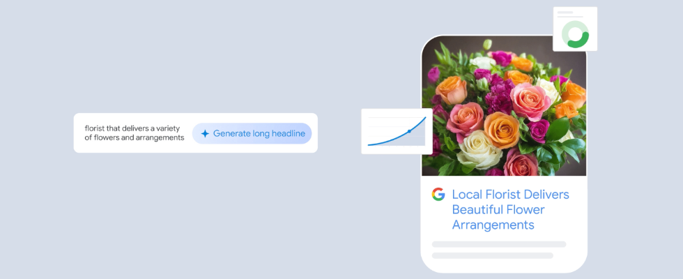 Google-Bild mit Text und Blumen auf babyblauem Hintergrund. 