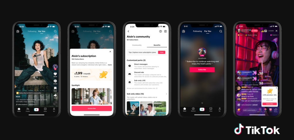 Die Subscription-Optionen TikToks in der Übersicht, © TikTok, 5 Smartphone Mockups vor schwarzem Hintergrund, darin Subscription Features von TikTok auf Screen