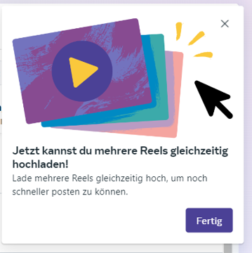 Mehrere Reels gleichzeitig hochladen, jetzt eine Option auf Facebook, eigener Screenshot, Play Button, bunte Grafik, Mauszeiger und Text 