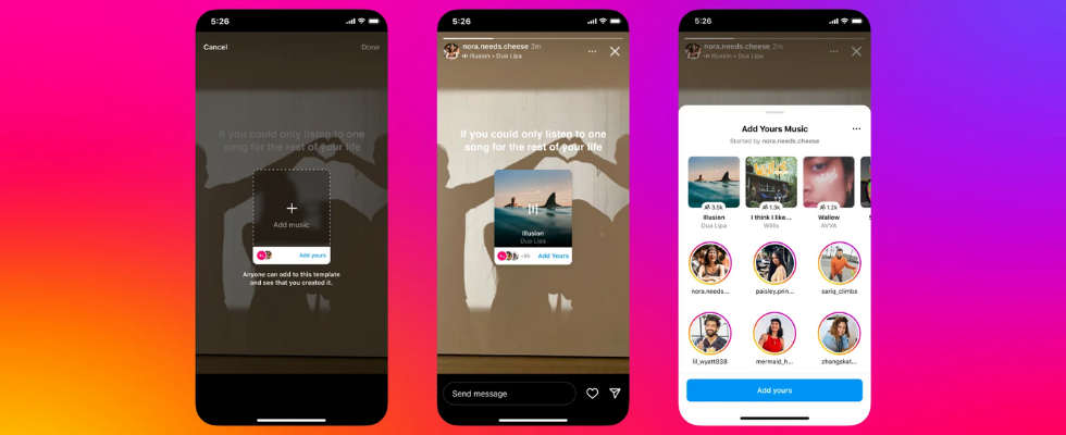 Drei Displays mit Instagram Stories mit Stickern und Musik-Add-on.