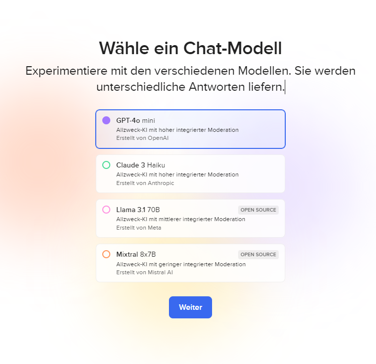 Die Auswahloptionen für den AI Chat, Screenshot der DuckDuckGo Website