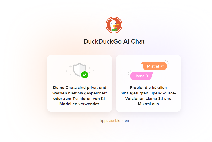  Features des AI Chats in der Übersicht, Screenshot der DuckDuckGo Website, DuckDuckGo-Logo, Textboxen, weißer Hintergrund 