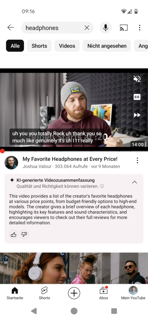 KI-generierte Zusammenfassung eines YouTube-Videos im Mobile Feed, eigener Screenshot