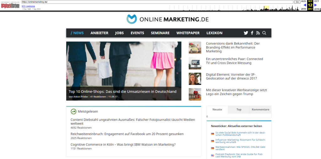 Die OnlineMarketing.de-Startseite am 12. September 2017, Screenshot aus der Wayback Machine