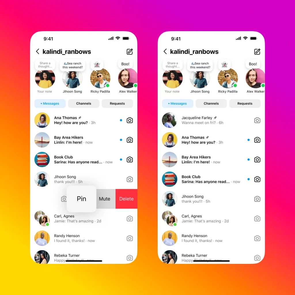 Screenshot of pinned chats on Instagram on gradient background