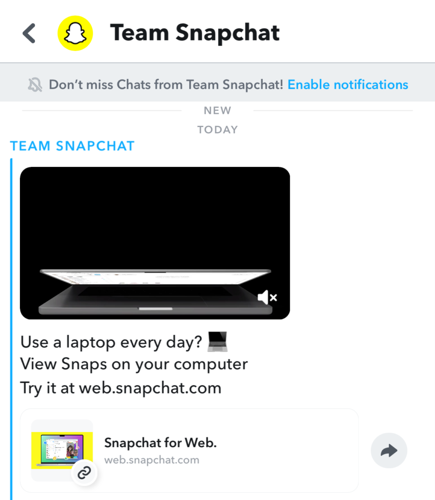 Screenshot von Snapchat App mit Web-Ankündigung