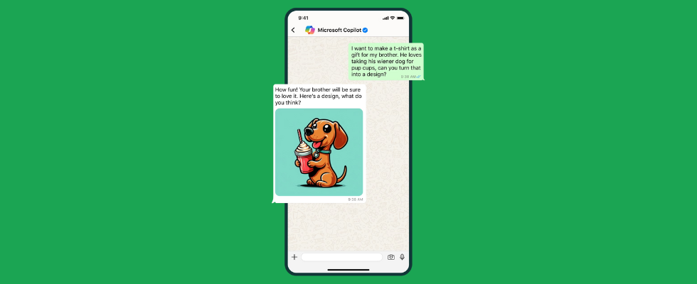 Smartphone Mockup mit WhatsApp Chat, Microsoft Copilot und Bildkreation, grüner Hintergrund