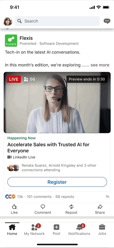 Sneak Peek Feature für LinkedIn Live Event Ads