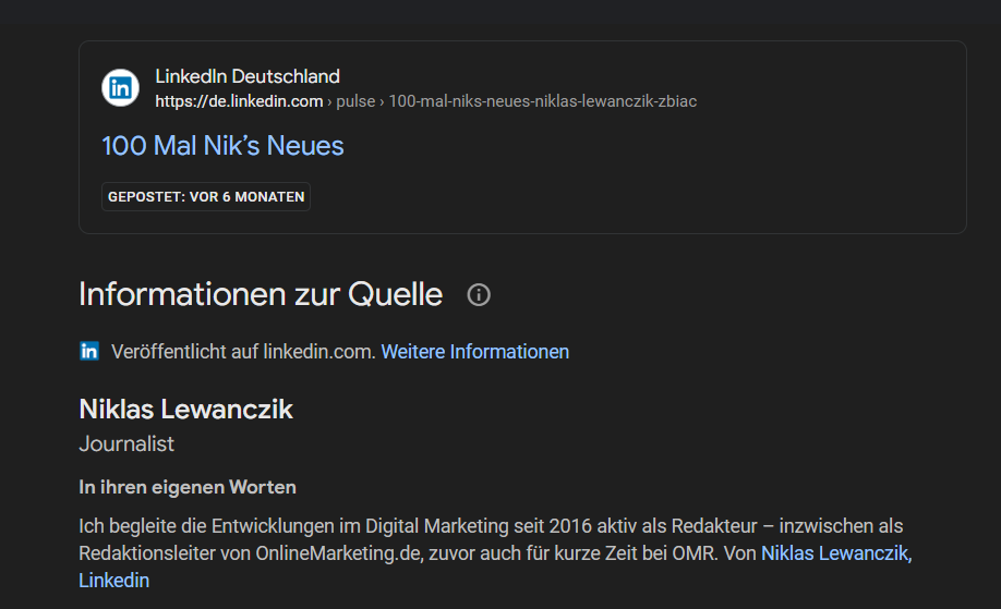 Quelleninformation über das Dreipunktemenü zu einem LinkedIn Newsletter, Screenshot Google