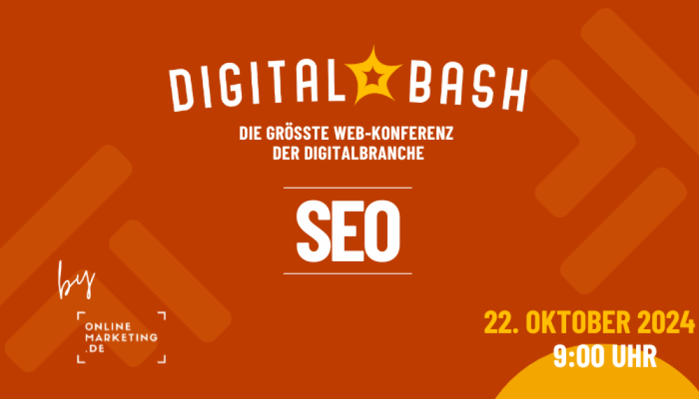 Digital Bash – SEO-Titelbild, orangener Hintergrund, Logo und Schriftzüge