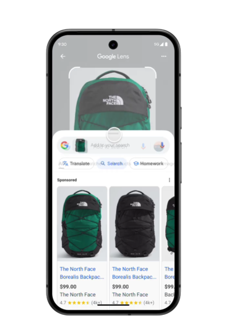 
Gesponserte Produkte passend zur visuellen Suche mit Lens, © Google, Smartphone Mockup mit Google Lens-Suche und Ads zum Visual, Rucksack auf Bildern