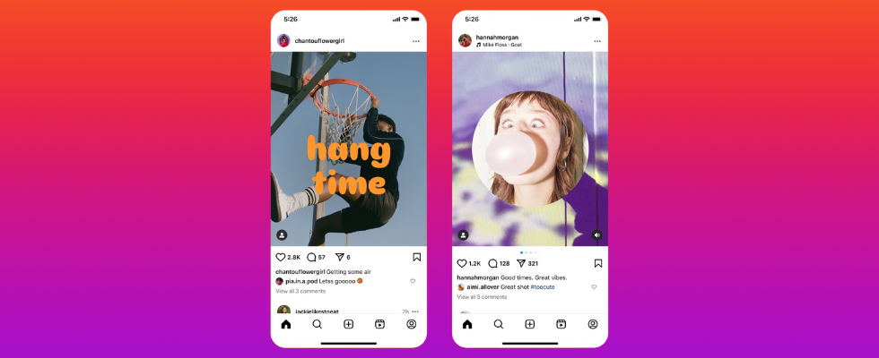 Two screenshots on Instagram on gradient background.