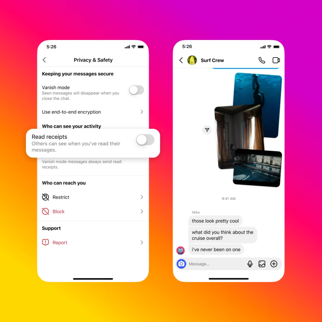 Screenshot showing read receipt settings on Instagram on gradient background