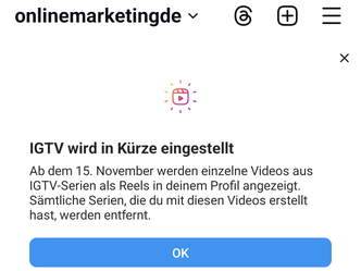 Abbildung der In-App-Nachricht zum Serienende von IGTV, Text vor hellem Hintergrund