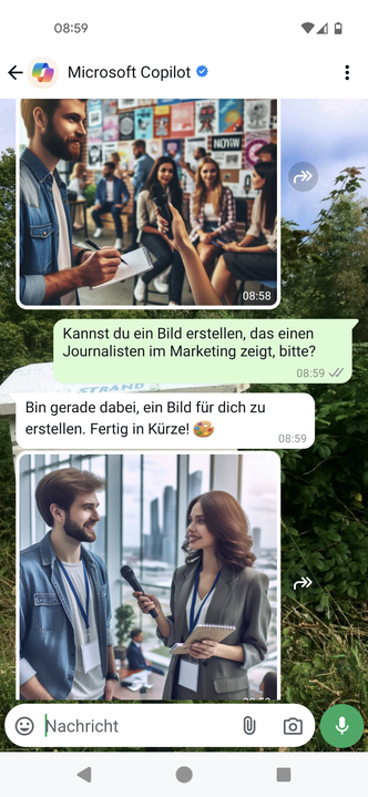 Auch die Bilderstellung direkt im WhatsApp Chat funktioniert auf Englisch und Deutsch, eigener Screenshot WhatsApp, Smartphone Chat Visual aus WhatsApp, Text und Bilder im Chat-Fenster, floraler Hintergrund