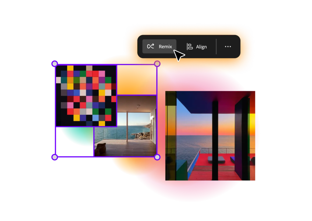 A single AI-Designs allows you to remix easily, © Adobe, Bunte Bilder von Terrasse und Fenster, nebeneinander, Maus-Icon digital