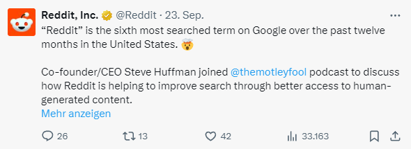 Reddit gewinnt an Gewicht für SEO und Discovery allgemein, Screenshot des X Account Posts