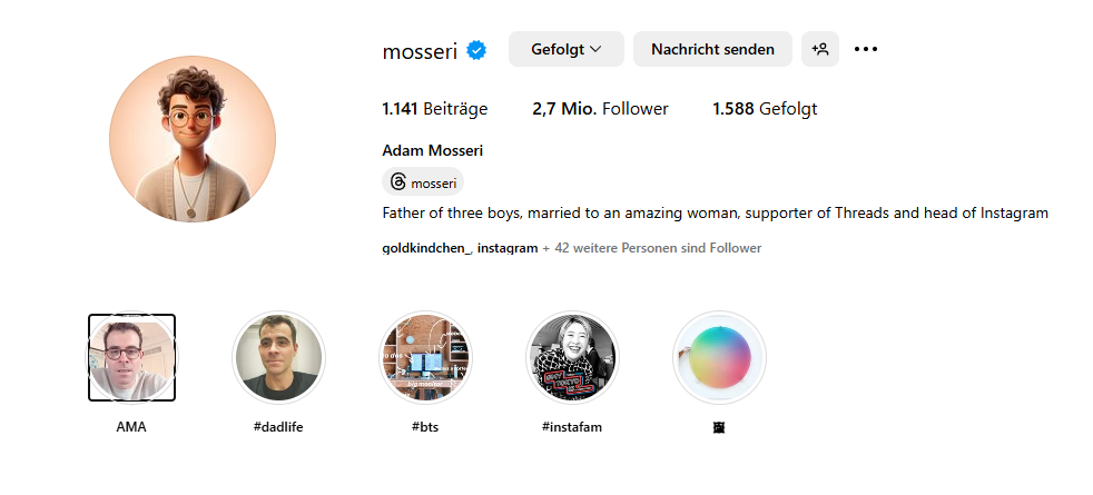 Instagram-Profil von Adam Mosseri mit Story Highlights, Screenshot des Profils, © Adam Mosseri