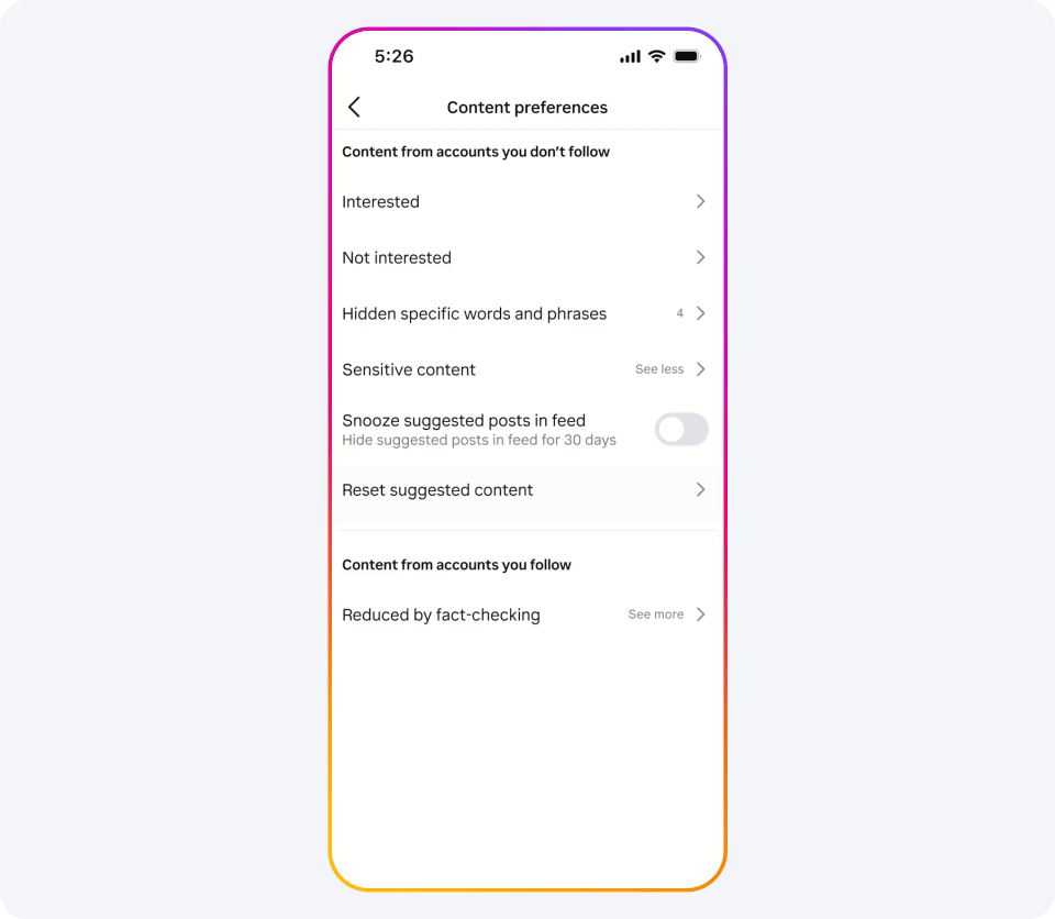 Content-Präferenzen auf Instagram mit neuer Reset-Option