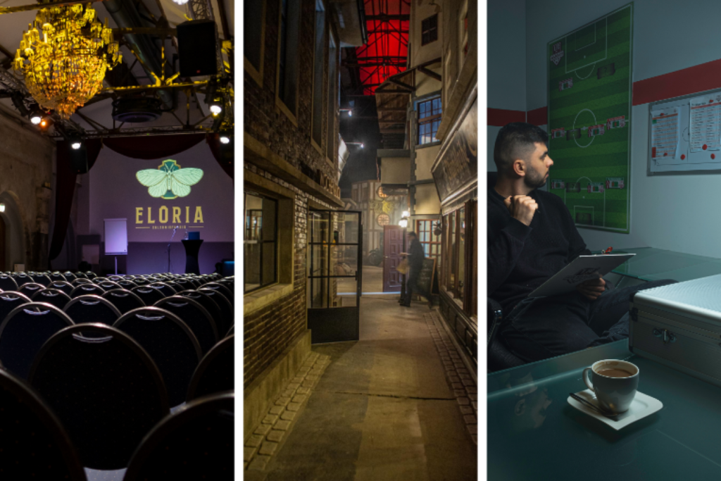 Three-part image with locations, person sitting in front of a table, passage between houses and hall with chairs and stage