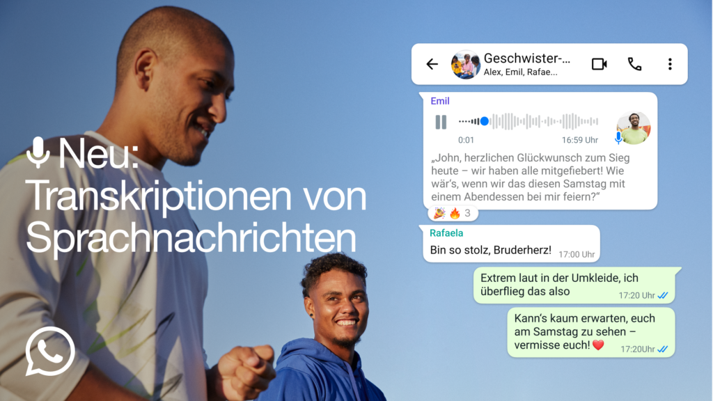 Die neuen Sprachnachrichtentranskrptionen auf WhatsApp, © WhatsApp, zwei Personen, blauer Hintergrund, Text, WhatsApp-Logo und WhatsApp Chats mit Text und Sprachnachricht