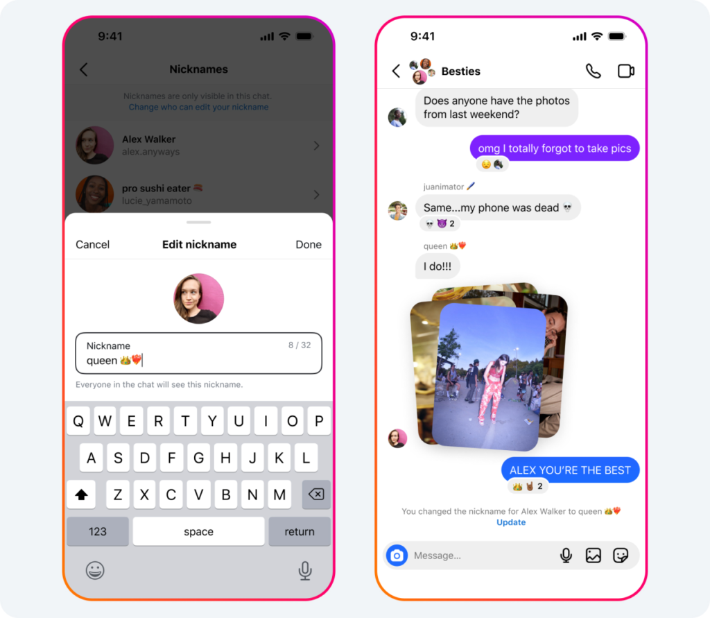 Spitznamen im Chat auf Instagram, © Meta, Smartphone Mockups