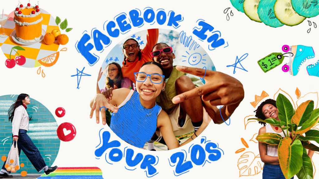 Facebook in your 20’s: Meta möchte die alte Plattform für alle relevant halten, © Meta, Personen, Bildausschnitte und Text in Collage, bunt