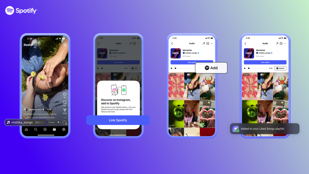 Easily transfer sounds from Instagram to Spotify, © Spotify, 4 smartphone mockups with Spotify and Instagram app on screen, purple background