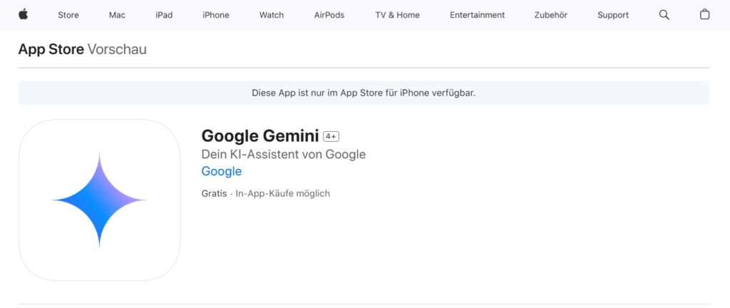 Screenshot aus dem App Store, die Google Gemini App ist da