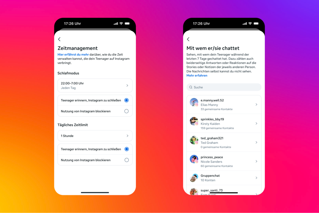 Die Teen-Konten erlauben Einblicke in Zeitmanagement- und Chatting-Übersichten, © Instagram, Smartphone Mockups vor Farberlauf (violett-orange)