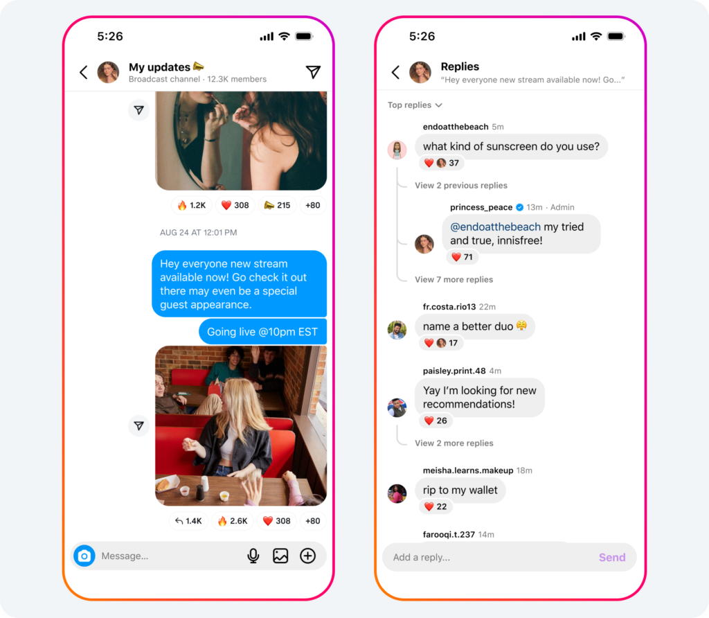 So sehen die Replies im Broadcast Channel aus, © Meta , Smartphone Mockups mit Broadcast Channel auf Screen