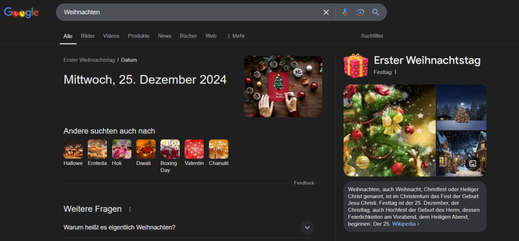 Das Geschenk-Icon im Knowledge Graph führt dich zum Santa Tracker, Screenshot google.com