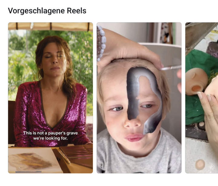 Ein Beispiel für vorgeschlagene Reels im Instagram Feed, Screenshot aus der App, drei Bilder nebeneinander, vorgeschlagene Reels als Schriftzug