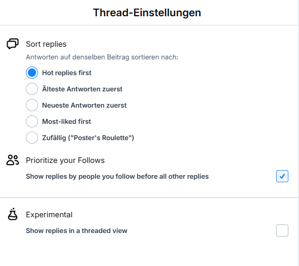 Einstellungen zu Thread-Präferenzen auf Bluesky, Screenshot aus der Web-Version, © Bluesky