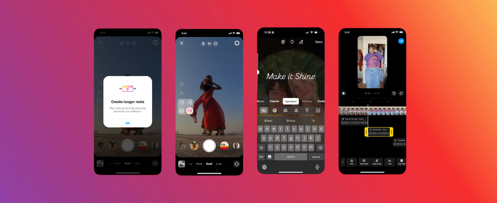 4 Smartphone Mockups mit Videobearbeitung und Reels von Instagram auf Screens, Farbverlauf violett-orange im Hintergrund