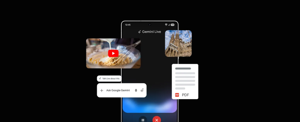 Gemini Features in Snippets vor Smartphone mit Gemini Live-Schriftzug, schwarzer Hintergrund