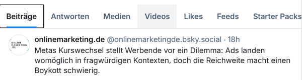 Blueskys Video-Tab im Profil, Screenshot Bluesky-Profil von OnlineMarketing.de