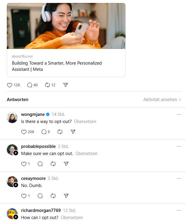 Viele User hoffen auf einen Opt-out bei der Nutzung der Meta AI, Screenshot Threads, Meta Newsroom Account