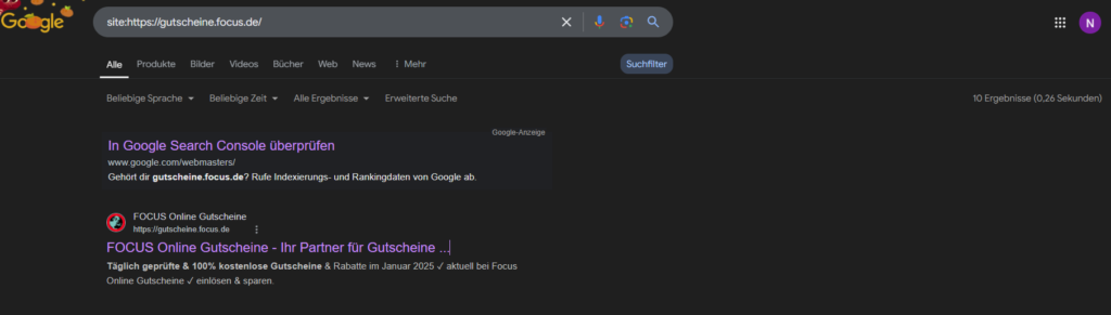 Site-Abfrage zur Gutscheinseite von focus.de auf Google, Screenshot Google.de