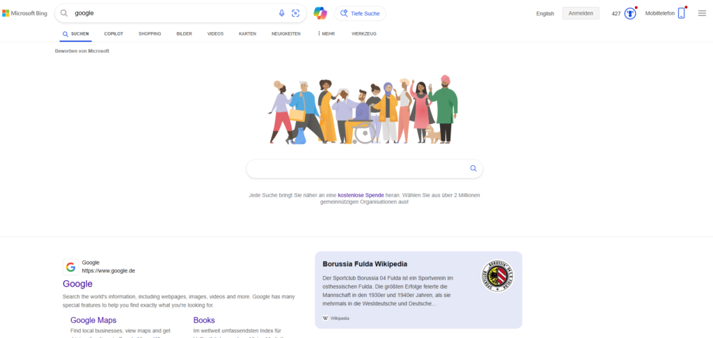 So sieht die Bing-Suche nach "google" aus, wenn du nicht angemeldet bist, Screenshot Bing.com