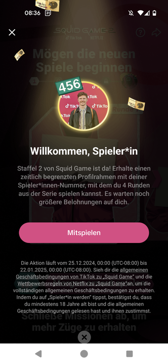 Game Interface für "Squid Game 2" auf TikTok, Screenshot aus der App