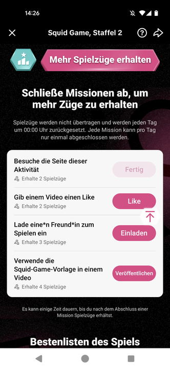 Game Interface für "Squid Game 2" auf TikTok, Screenshot aus der App