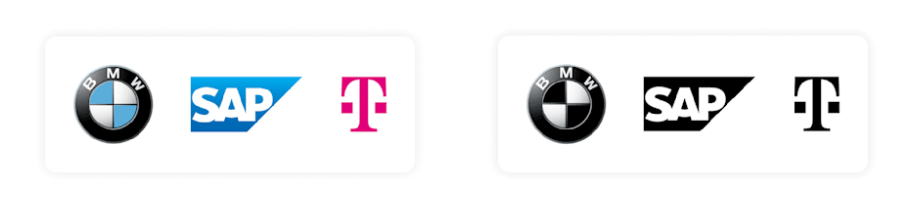 Die Logos von BMW, SAP und T-Mobile im Original und in Schwarz