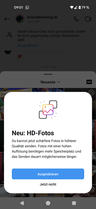 Du kannst jetzt HD-Fotos via Instagram versenden, Screenshot des Instagram App Pop-ups