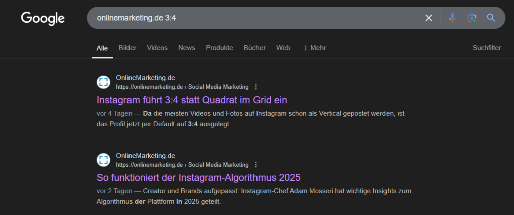 Desktop-Suchergebnisse für „onlinemarketing.de 3:4“, eigener Screenshot