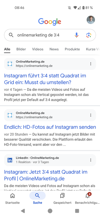 Mobile Suchergebnisse für „onlinemarketing.de 3:4“, eigener Screenshot